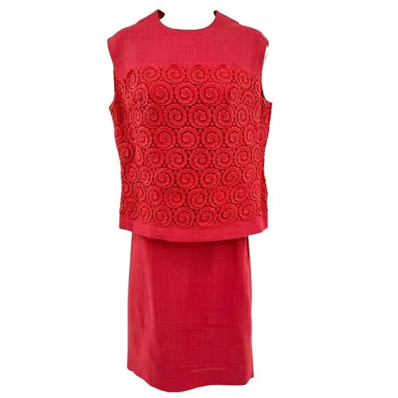 Vintage Ein Fink Kleid Skirt And‎ Overlay Top Suit Set Red Linen Blend Size 38