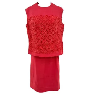 Vintage Ein Fink Kleid Skirt And‎ Overlay Top Suit Set Red Linen Blend Size 38
