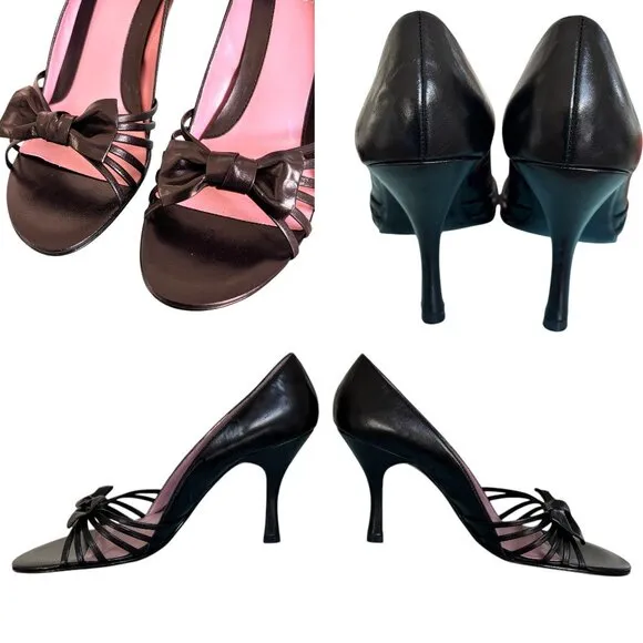 VINTAGE GUESS 90'S SANDALS HEELS BLACK LEATHER OPEN TOE BOW PUMPS 9-9.5 LIKE NEW