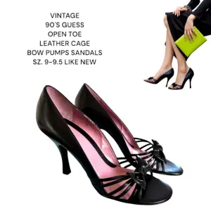 VINTAGE GUESS 90'S SANDALS HEELS BLACK LEATHER OPEN TOE BOW PUMPS 9-9.5 LIKE NEW