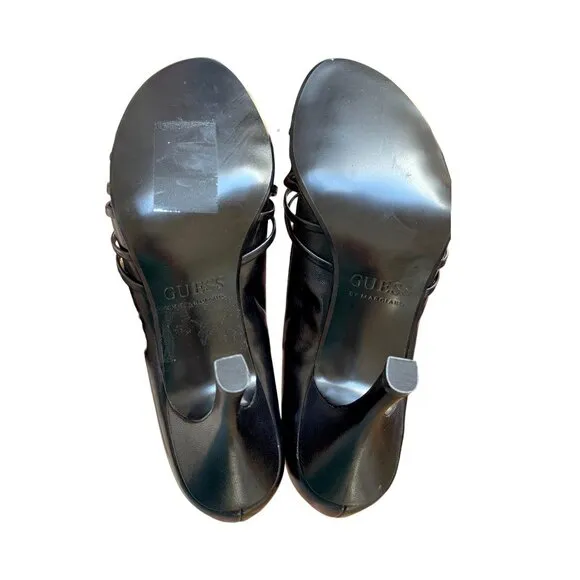 VINTAGE GUESS 90'S SANDALS HEELS BLACK LEATHER OPEN TOE BOW PUMPS 9-9.5 LIKE NEW