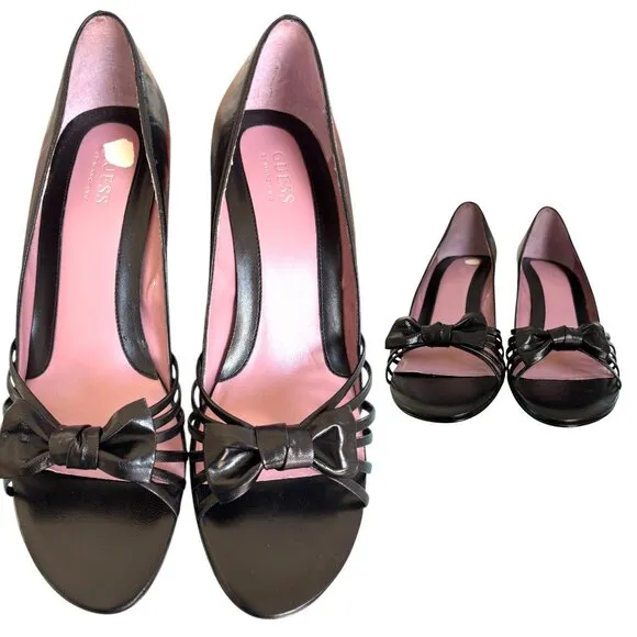 VINTAGE GUESS 90'S SANDALS HEELS BLACK LEATHER OPEN TOE BOW PUMPS 9-9.5 LIKE NEW