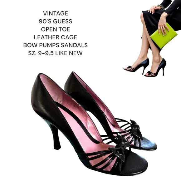 VINTAGE GUESS 90'S SANDALS HEELS BLACK LEATHER OPEN TOE BOW PUMPS 9-9.5 LIKE NEW