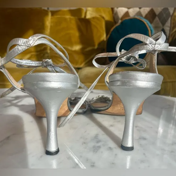 Vintage Jimmy Choo silver and crystal sandals, 3” heel, ankle wrap ties, Sz37