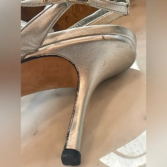 Vintage Jimmy Choo silver and crystal sandals, 3” heel, ankle wrap ties, Sz37