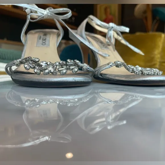 Vintage Jimmy Choo silver and crystal sandals, 3” heel, ankle wrap ties, Sz37