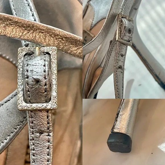Vintage Jimmy Choo silver and crystal sandals, 3” heel, ankle wrap ties, Sz37