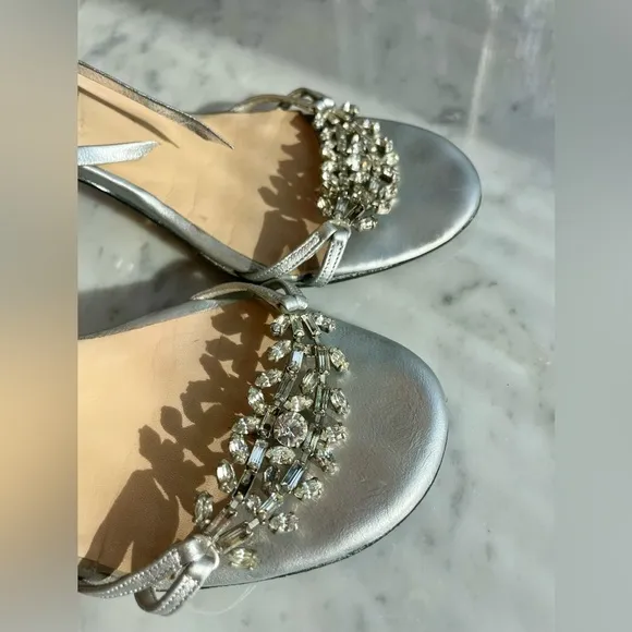 Vintage Jimmy Choo silver and crystal sandals, 3” heel, ankle wrap ties, Sz37
