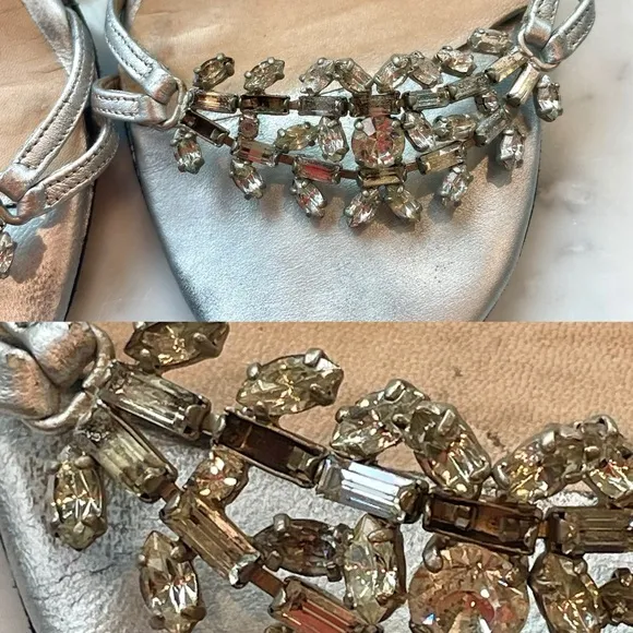 Vintage Jimmy Choo silver and crystal sandals, 3” heel, ankle wrap ties, Sz37