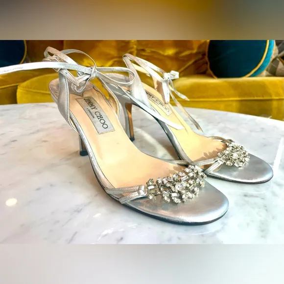 Vintage Jimmy Choo silver and crystal sandals, 3” heel, ankle wrap ties, Sz37