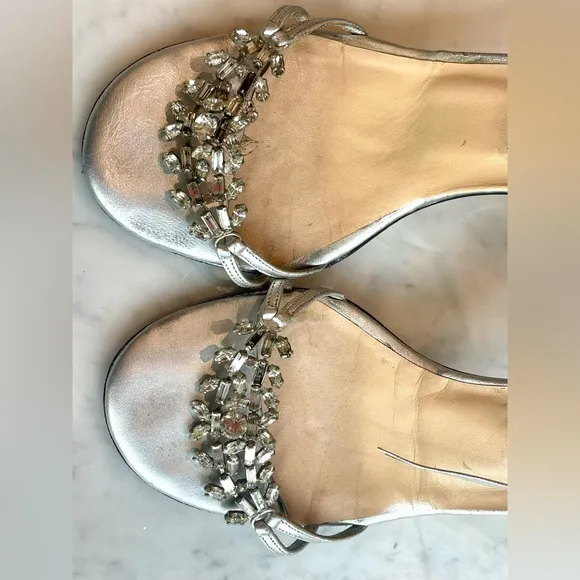 Vintage Jimmy Choo silver and crystal sandals, 3” heel, ankle wrap ties, Sz37