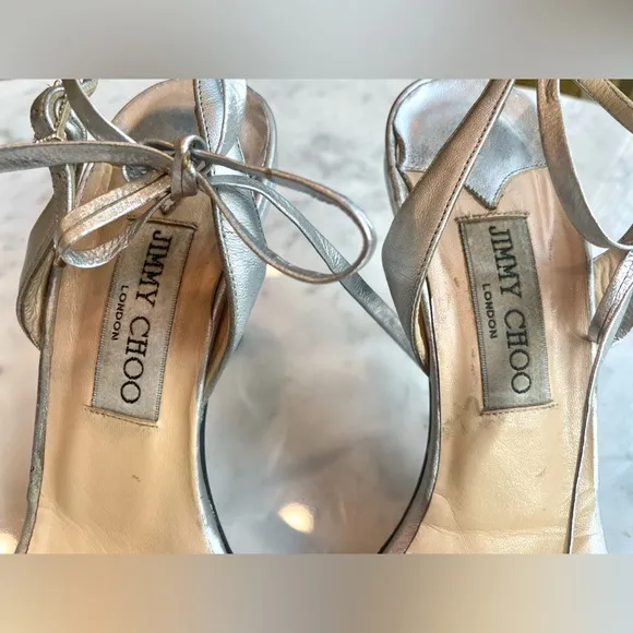 Vintage Jimmy Choo silver and crystal sandals, 3” heel, ankle wrap ties, Sz37