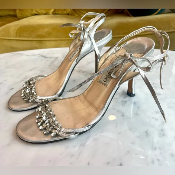Vintage Jimmy Choo silver and crystal sandals, 3” heel, ankle wrap ties, Sz37