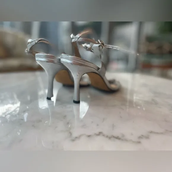Vintage Jimmy Choo silver and crystal sandals, 3” heel, ankle wrap ties, Sz37