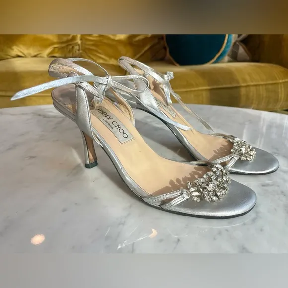 Vintage Jimmy Choo silver and crystal sandals, 3” heel, ankle wrap ties, Sz37