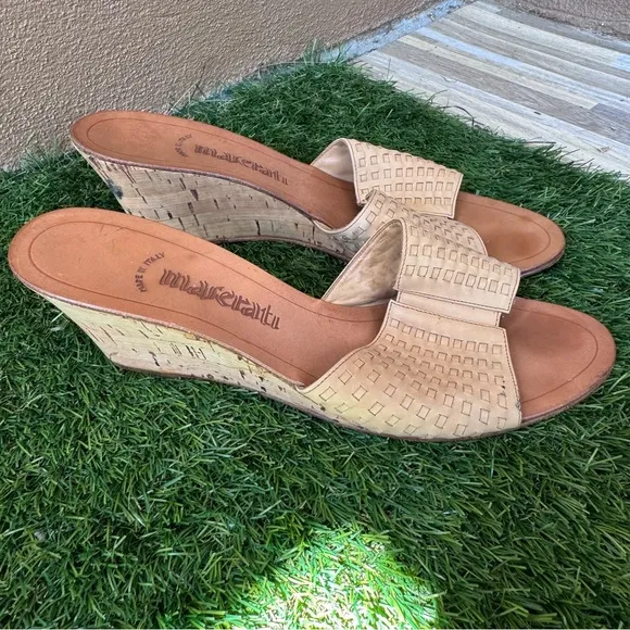 Vintage Maserati Woven Leather Wedge Sandals Made in Italy Tan Size 10
