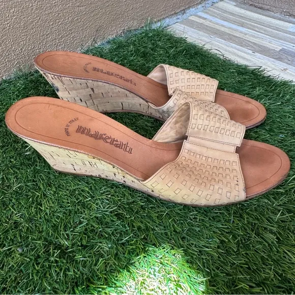 Vintage Maserati Woven Leather Wedge Sandals Made in Italy Tan Size 10