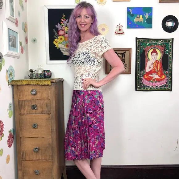 Vintage Secretary Skirt, 1980s Hot Pink Floral Pleated Midi, Sz L Preppy Femme