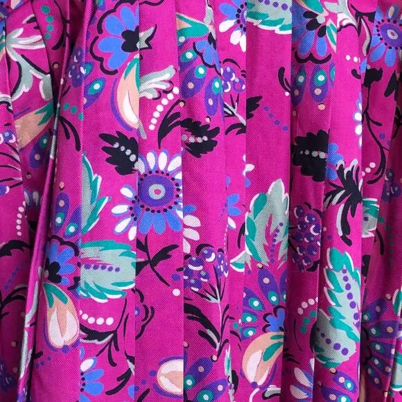 Vintage Secretary Skirt, 1980s Hot Pink Floral Pleated Midi, Sz L Preppy Femme