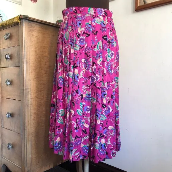 Vintage Secretary Skirt, 1980s Hot Pink Floral Pleated Midi, Sz L Preppy Femme