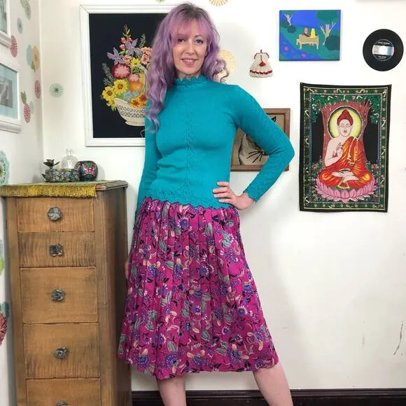 Vintage Secretary Skirt, 1980s Hot Pink Floral Pleated Midi, Sz L Preppy Femme