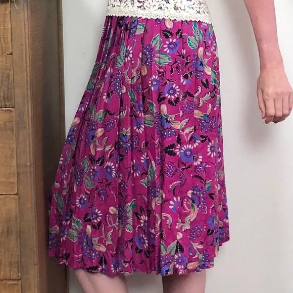 Vintage Secretary Skirt, 1980s Hot Pink Floral Pleated Midi, Sz L Preppy Femme