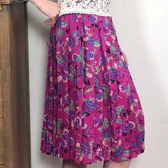 Vintage Secretary Skirt, 1980s Hot Pink Floral Pleated Midi, Sz L Preppy Femme