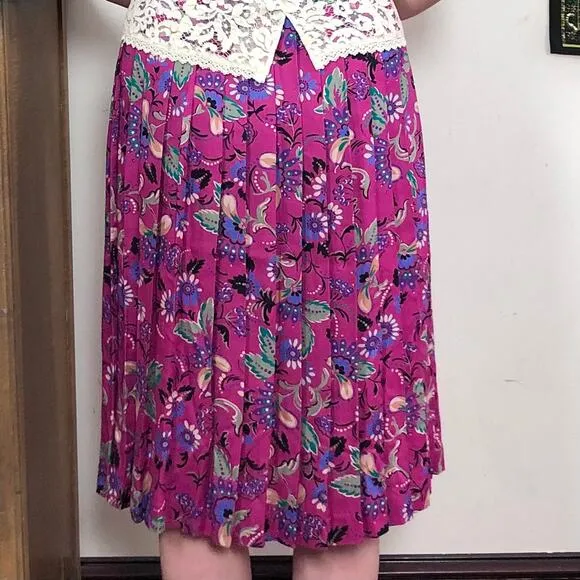 Vintage Secretary Skirt, 1980s Hot Pink Floral Pleated Midi, Sz L Preppy Femme