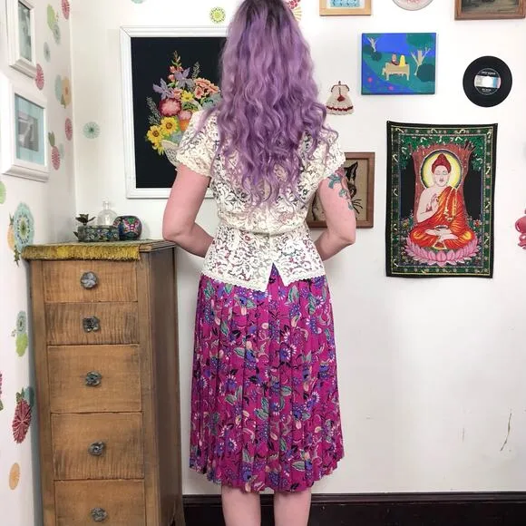 Vintage Secretary Skirt, 1980s Hot Pink Floral Pleated Midi, Sz L Preppy Femme