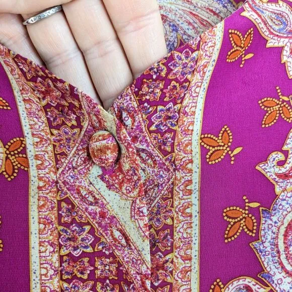 Vintage Silk Top Blouse Maxi Skirt Set Floral Paisley Long Button Scarf Pink XL