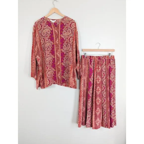 Vintage Silk Top Blouse Maxi Skirt Set Floral Paisley Long Button Scarf Pink XL