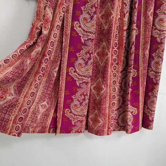 Vintage Silk Top Blouse Maxi Skirt Set Floral Paisley Long Button Scarf Pink XL