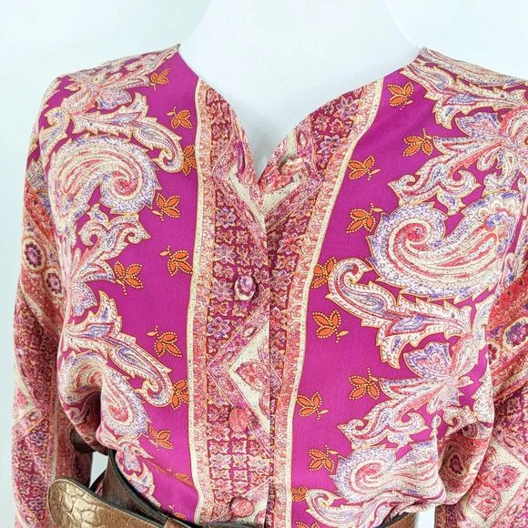 Vintage Silk Top Blouse Maxi Skirt Set Floral Paisley Long Button Scarf Pink XL