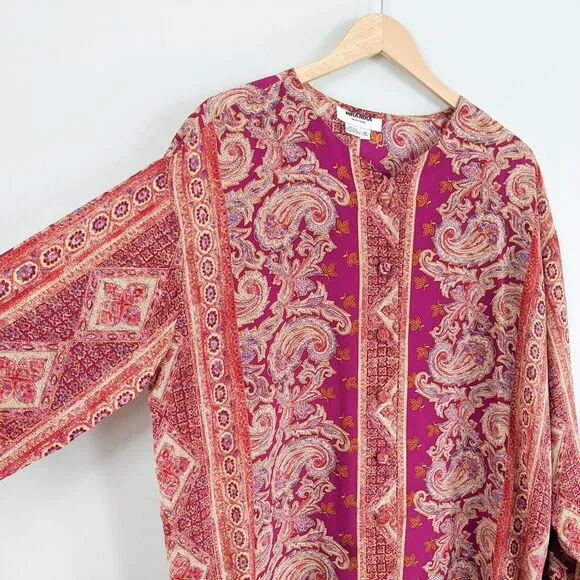 Vintage Silk Top Blouse Maxi Skirt Set Floral Paisley Long Button Scarf Pink XL