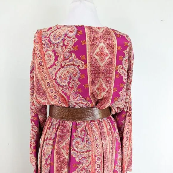 Vintage Silk Top Blouse Maxi Skirt Set Floral Paisley Long Button Scarf Pink XL