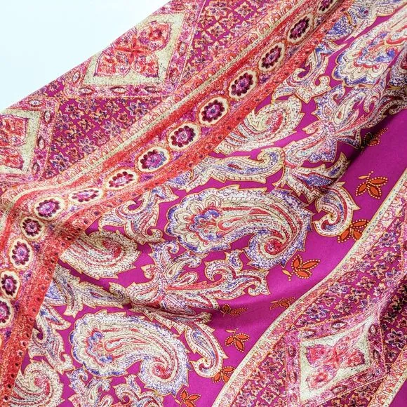 Vintage Silk Top Blouse Maxi Skirt Set Floral Paisley Long Button Scarf Pink XL