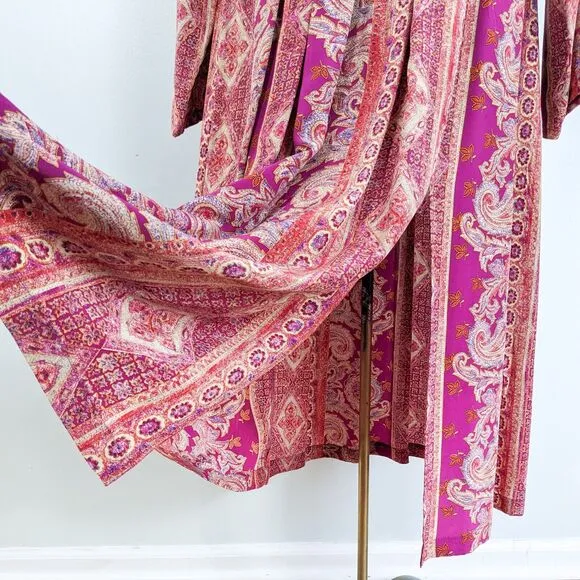 Vintage Silk Top Blouse Maxi Skirt Set Floral Paisley Long Button Scarf Pink XL