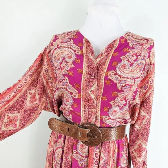 Vintage Silk Top Blouse Maxi Skirt Set Floral Paisley Long Button Scarf Pink XL