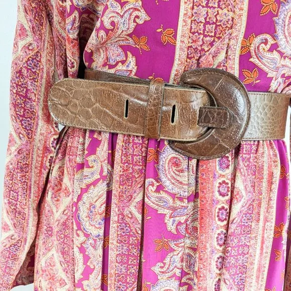 Vintage Silk Top Blouse Maxi Skirt Set Floral Paisley Long Button Scarf Pink XL