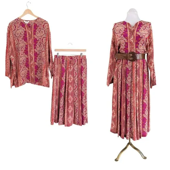 Vintage Silk Top Blouse Maxi Skirt Set Floral Paisley Long Button Scarf Pink XL