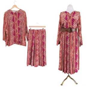 Vintage Silk Top Blouse Maxi Skirt Set Floral Paisley Long Button Scarf Pink XL