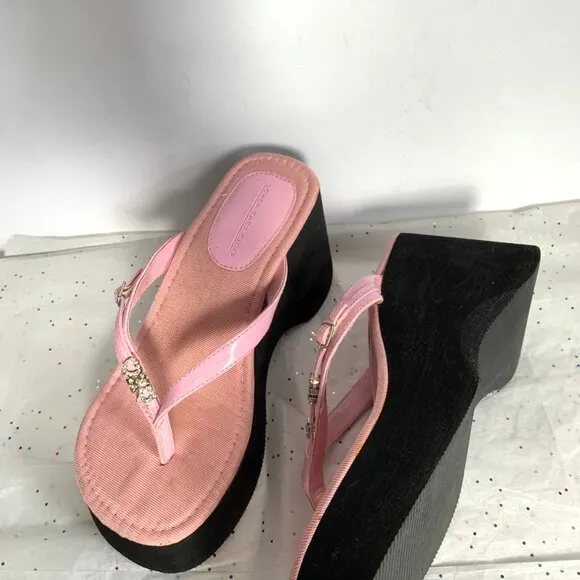 Vintage Y2K Lower East Side Pink Platform Thong Sandal Rhinestone Charms Bratz 7