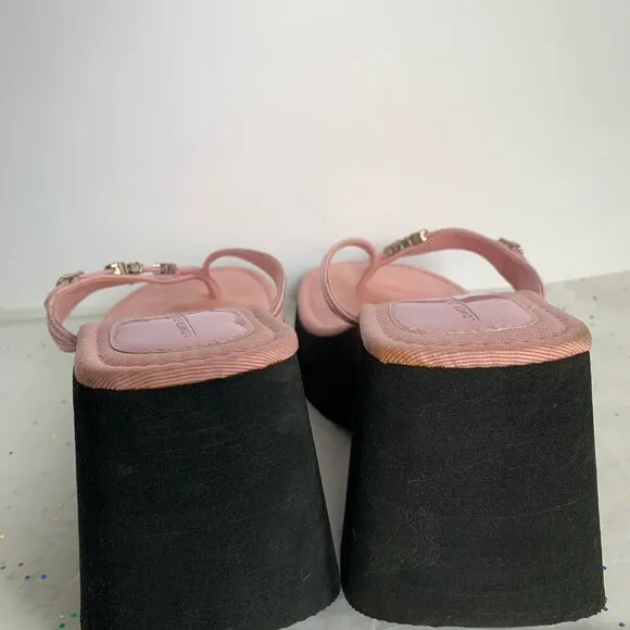 Vintage Y2K Lower East Side Pink Platform Thong Sandal Rhinestone Charms Bratz 7