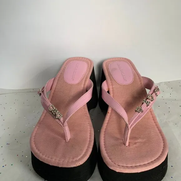 Vintage Y2K Lower East Side Pink Platform Thong Sandal Rhinestone Charms Bratz 7