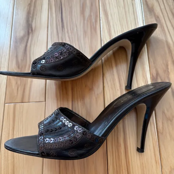 Vintage Y2K Nine West Brown Leather Sequin Accent Sandals Heels