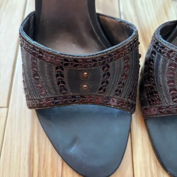 Vintage Y2K Nine West Brown Leather Sequin Accent Sandals Heels