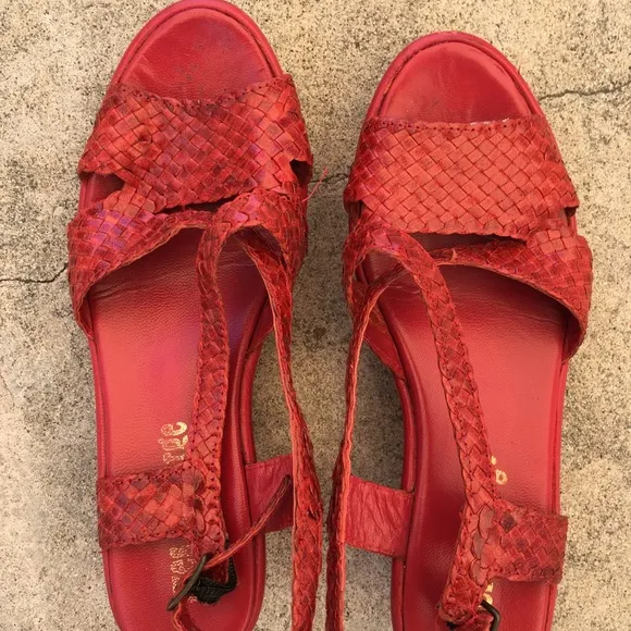 Vintage Yves Desfarge red leather wedge sandals 8