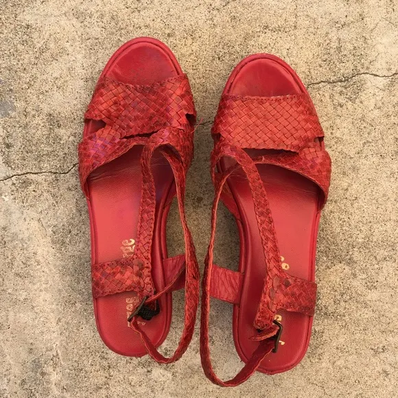 Vintage Yves Desfarge red leather wedge sandals 8