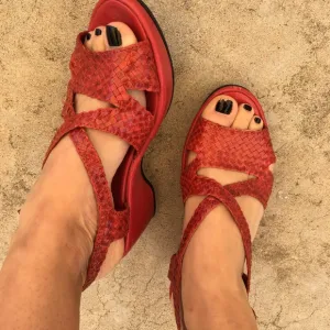 Vintage Yves Desfarge red leather wedge sandals 8