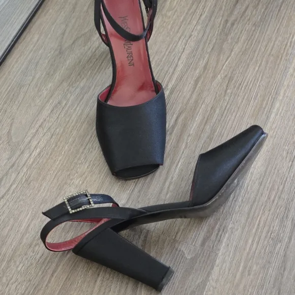 Vintage Yves Saint Laurent Black Satin Leather Peep-Toe Ankle Strap Sandals, 9